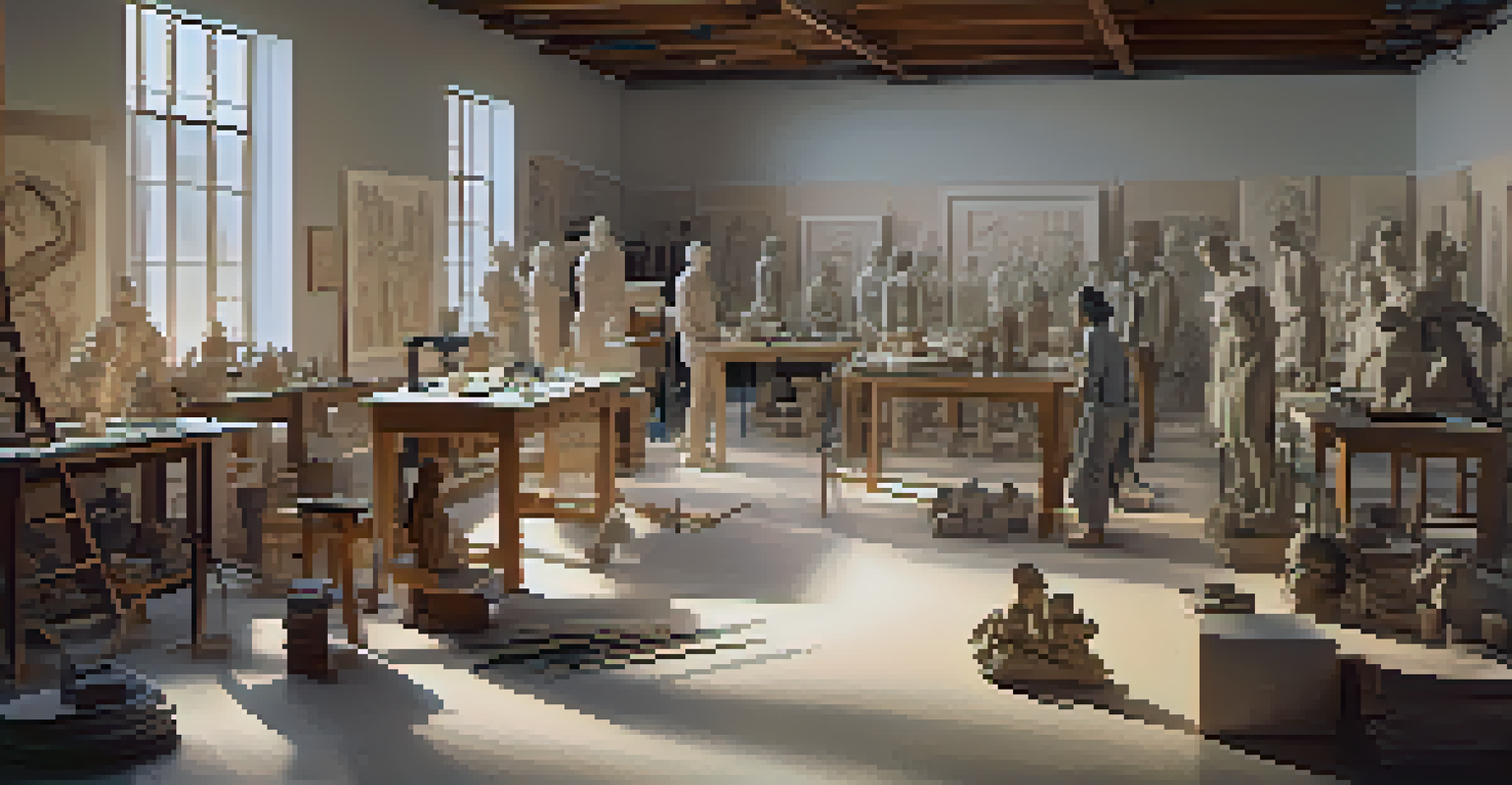 A group of artists in a sculpture workshop, working on their projects, surrounded by various sculptures and sketches.