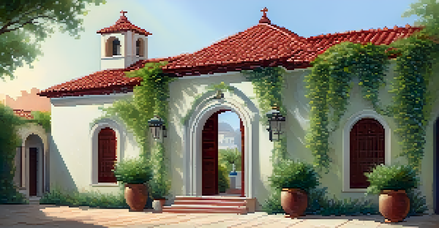 An arched doorway of a Mission Revival building with stucco details and a red-tiled roof, leading to a sunlit courtyard.