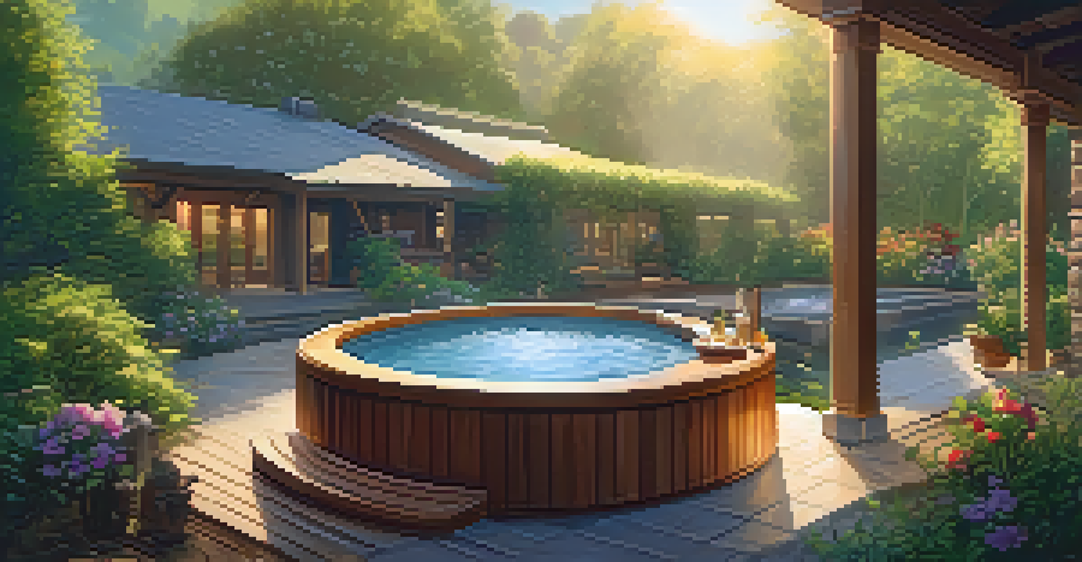 An outdoor spa area with a wooden hot tub surrounded by greenery and flowers, illuminated by warm sunlight.