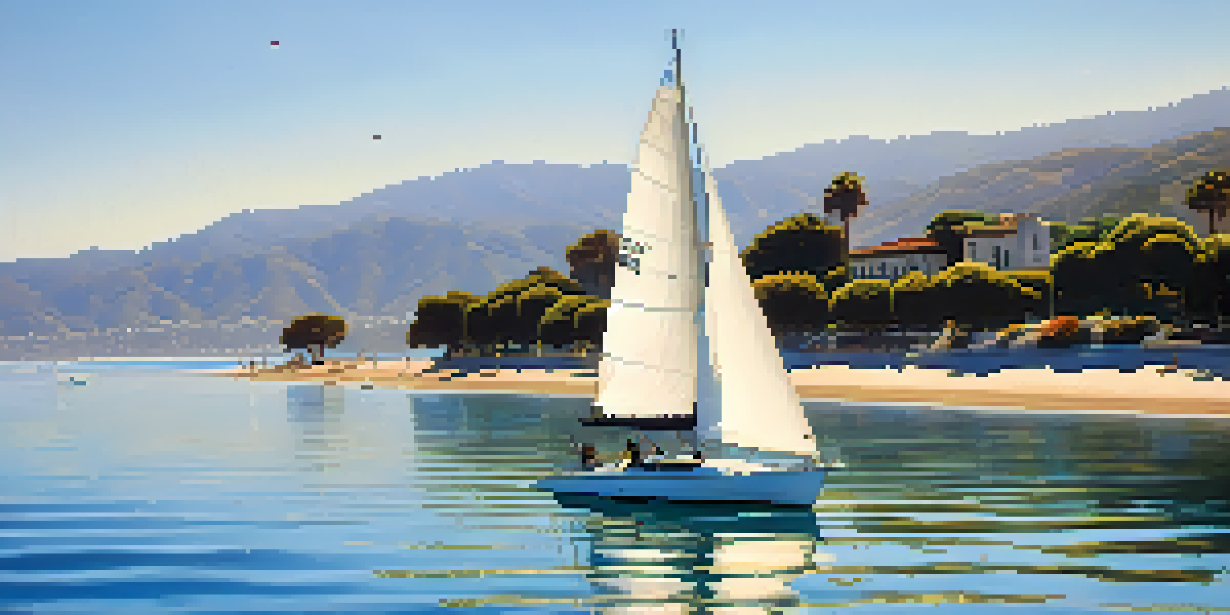 A peaceful sailing scene featuring a small sailboat on the beautiful Santa Barbara coastline with clear skies and gentle waves.