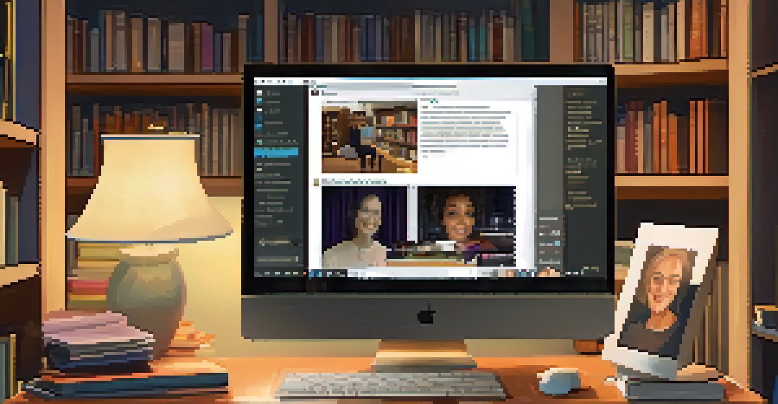 A computer screen showing a virtual literary event with an author reading, surrounded by a cozy home office background.