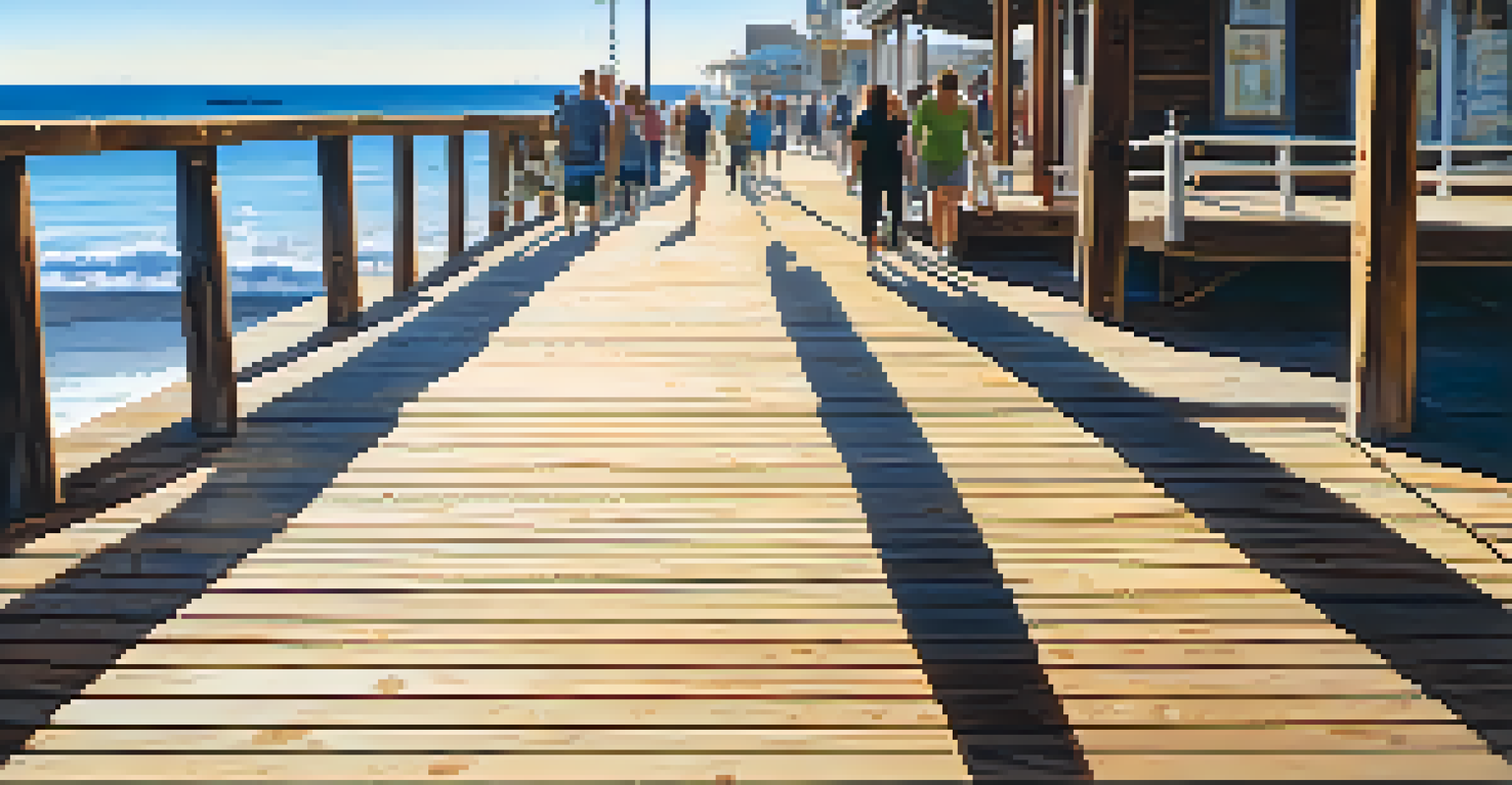 A close-up of the wooden walkway of Stearns Wharf, showcasing textures and sunlight filtering through.