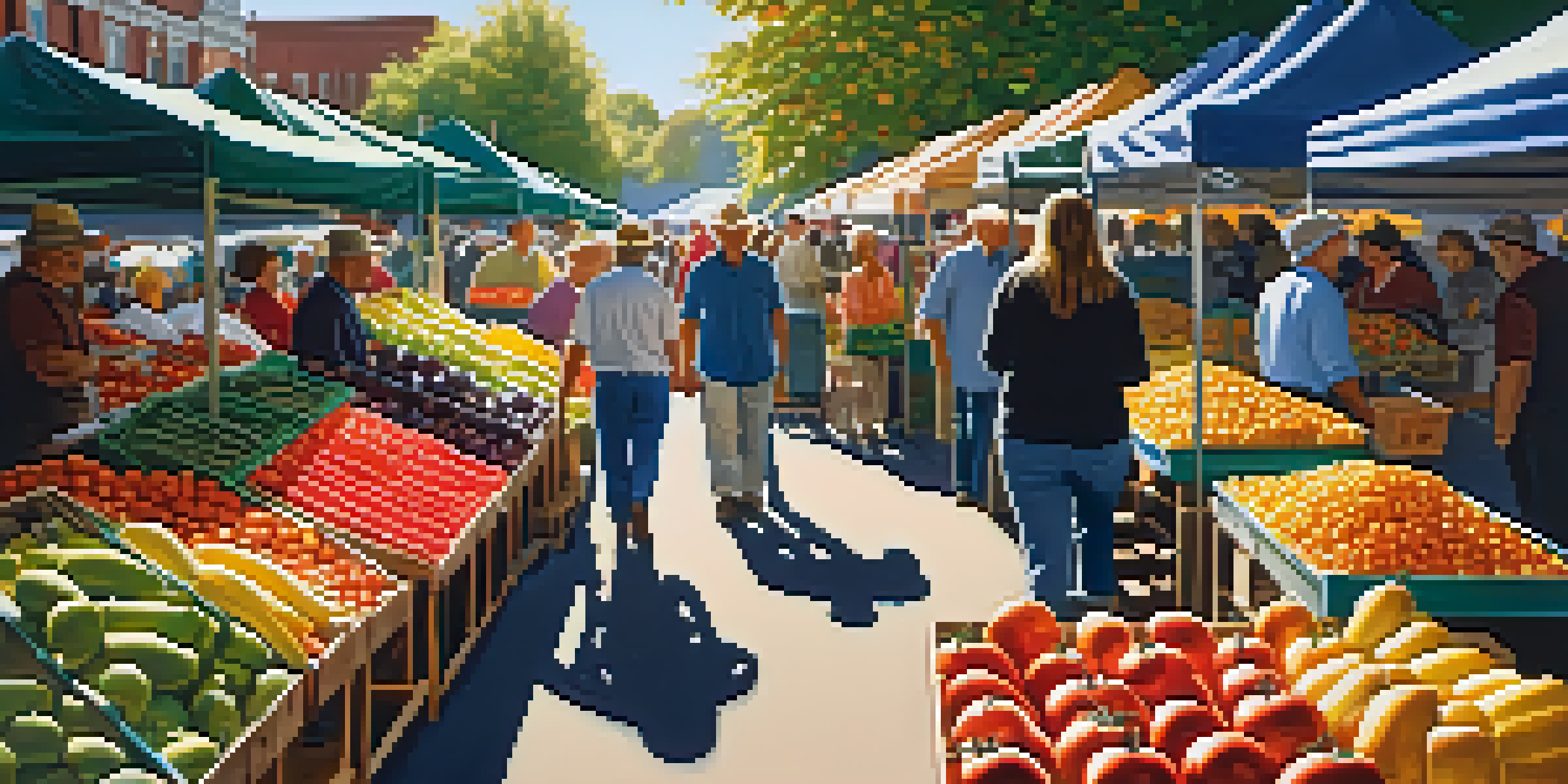 A lively farmer's market with colorful seasonal produce, including tomatoes, corn, and apples, under warm sunlight.