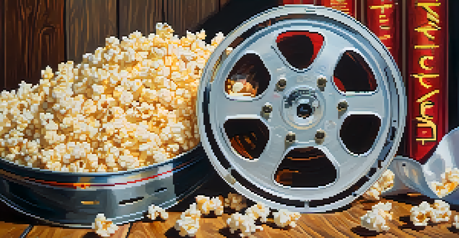 A close-up of a film reel and popcorn on a table, with colorful film posters in the background showcasing diverse cultural films.