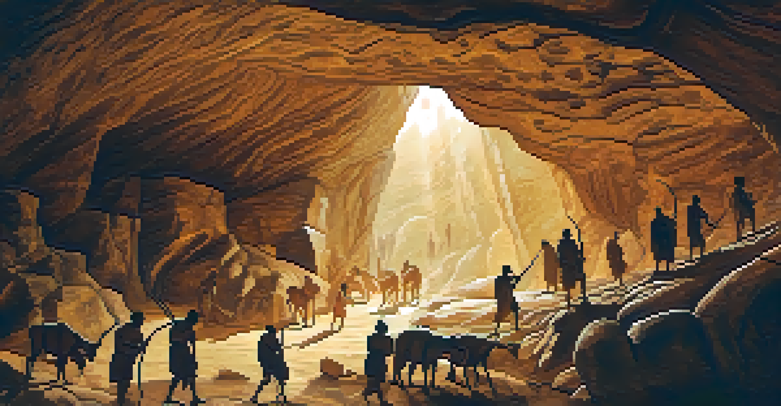 Close-up of ancient cave paintings showing scenes of hunting, with detailed textures of the cave wall and warm light illuminating the art.