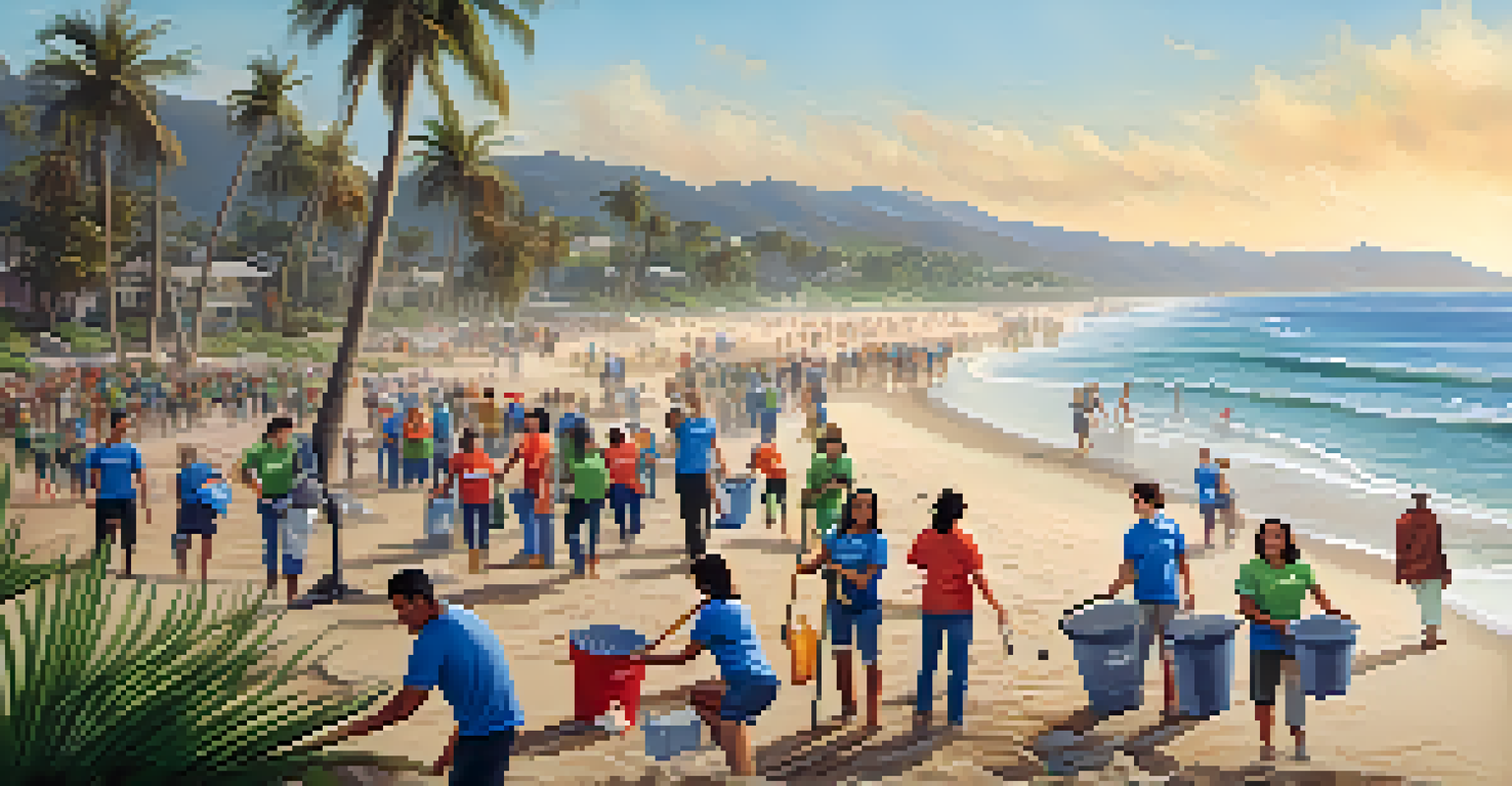 Volunteers participating in a beach clean-up, collecting trash along a beautiful shoreline, emphasizing community and environmental care.