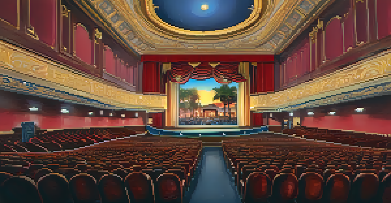 The ornate interior of the Arlington Theatre in Santa Barbara with an audience waiting for a film to start, highlighted by warm lighting.
