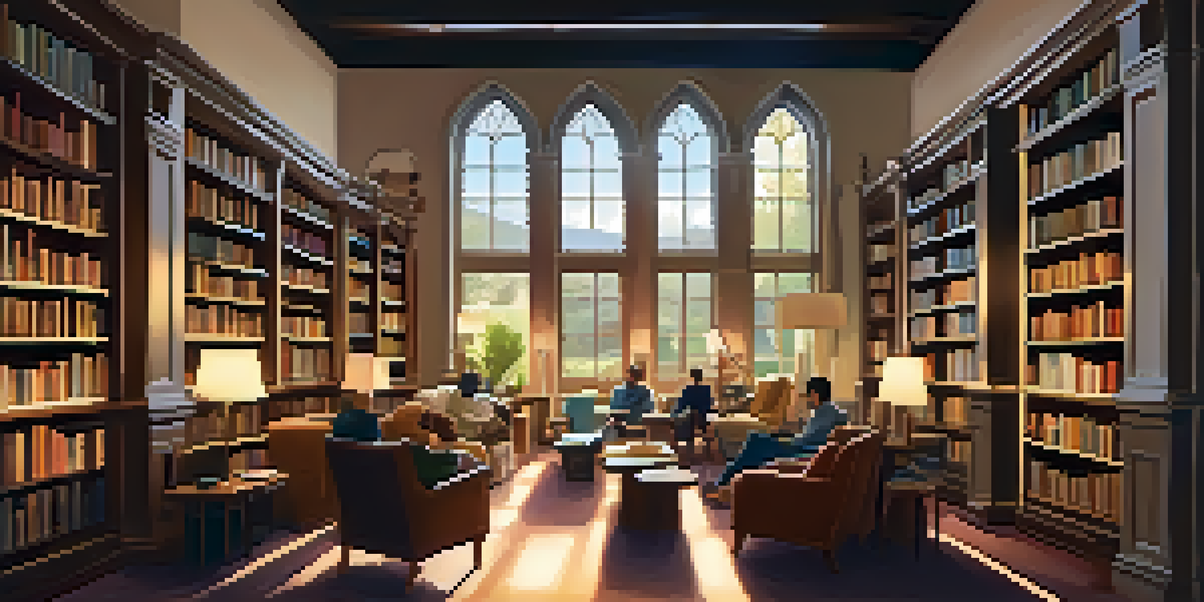 A warm and inviting library interior with comfortable seating, bookshelves, and patrons reading quietly.