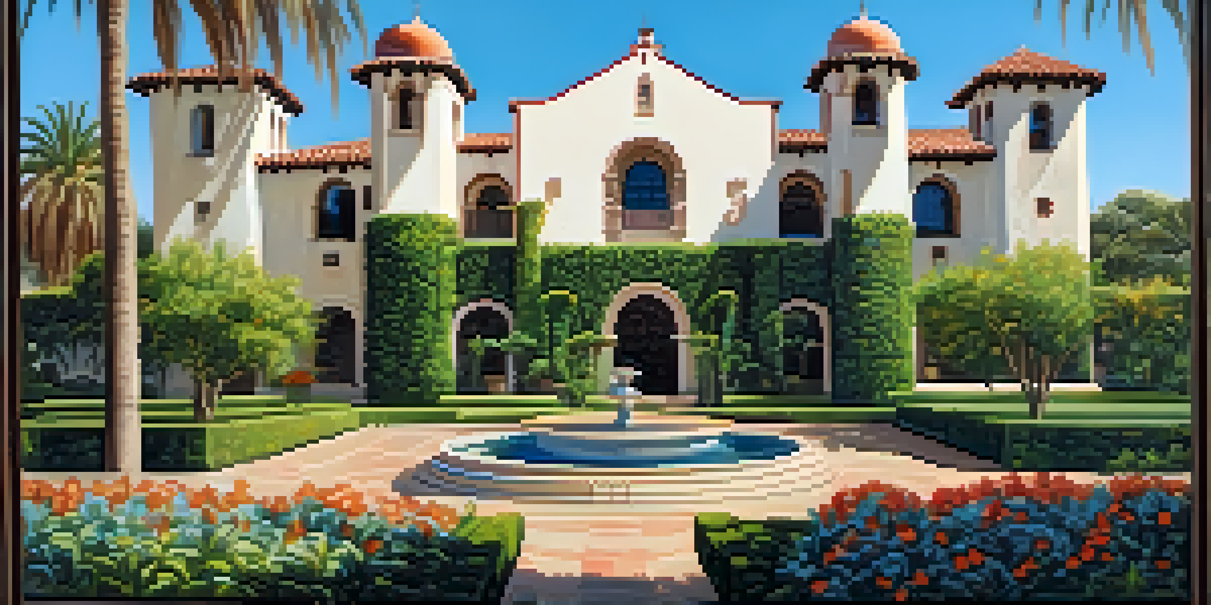 A restored Santa Barbara Courthouse with vibrant tiles and blooming gardens under a blue sky.