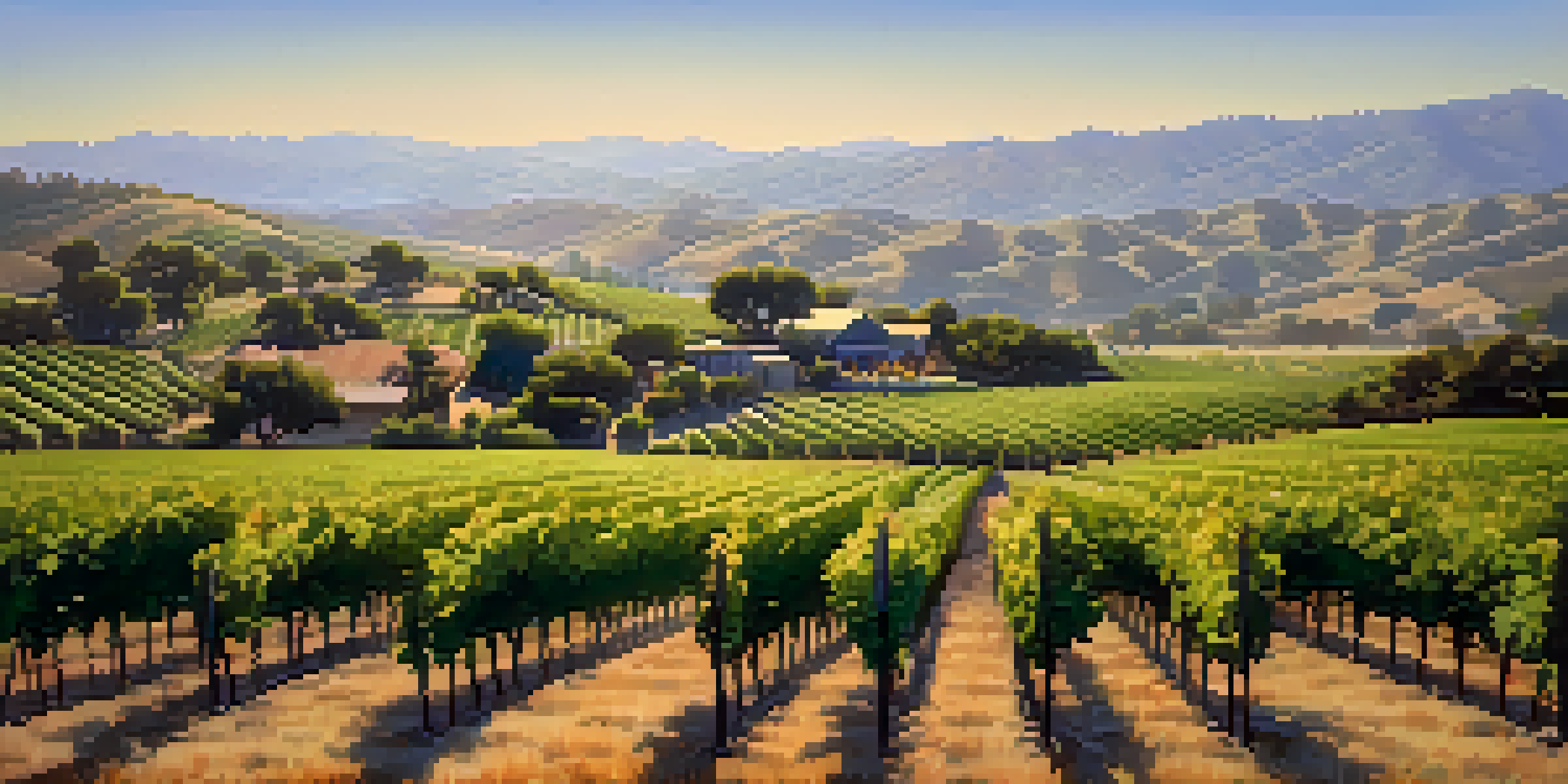A picturesque landscape of the Santa Ynez Valley with vineyards and a rustic winery in the background under a blue sky.