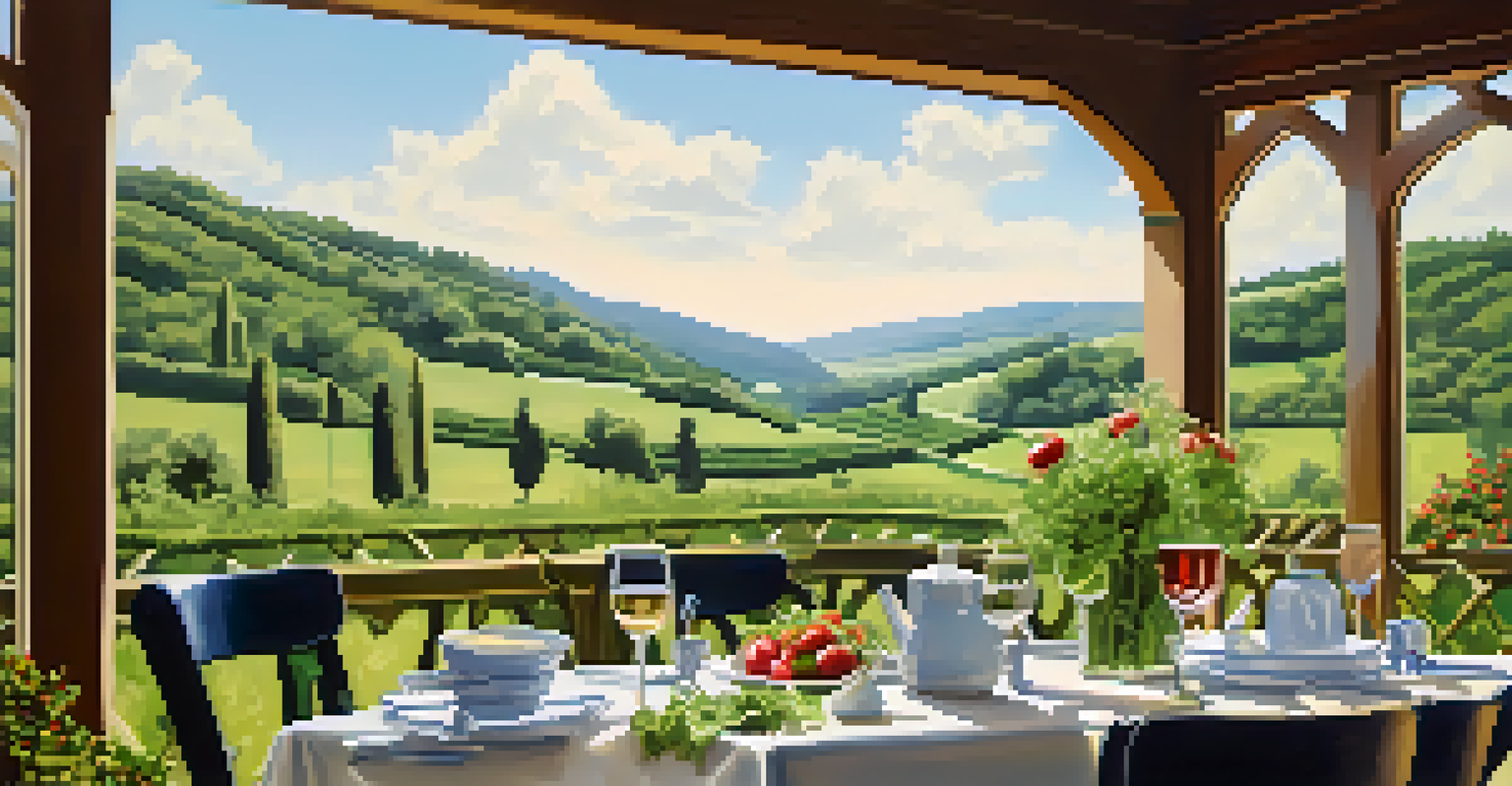 A bistro table set outdoors with a fresh salad and a scenic view of green hills and blue sky.
