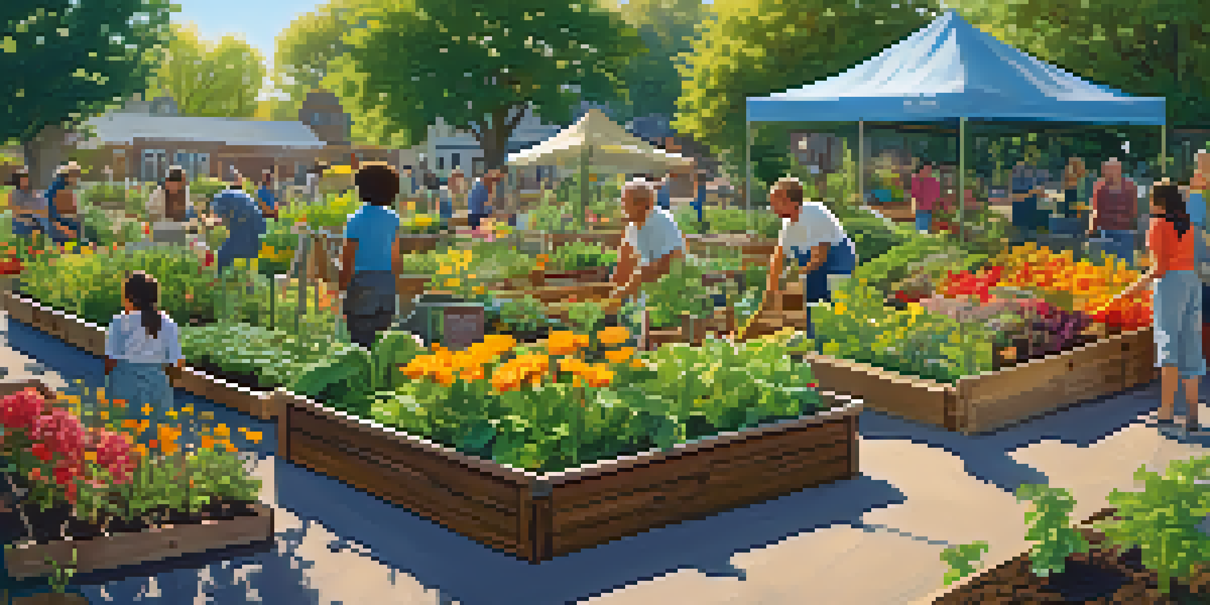 A diverse group of people working together in a colorful community garden with various plants and flowers, under a bright blue sky.