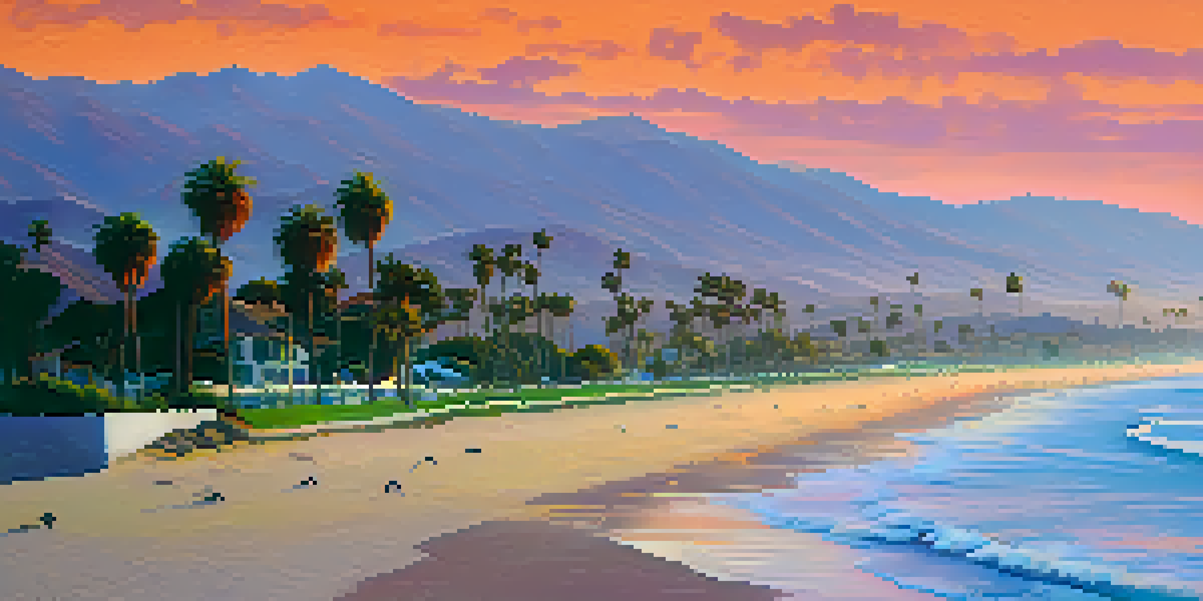 A scenic sunset over the Santa Barbara coastline with palm trees and mountains in the background.