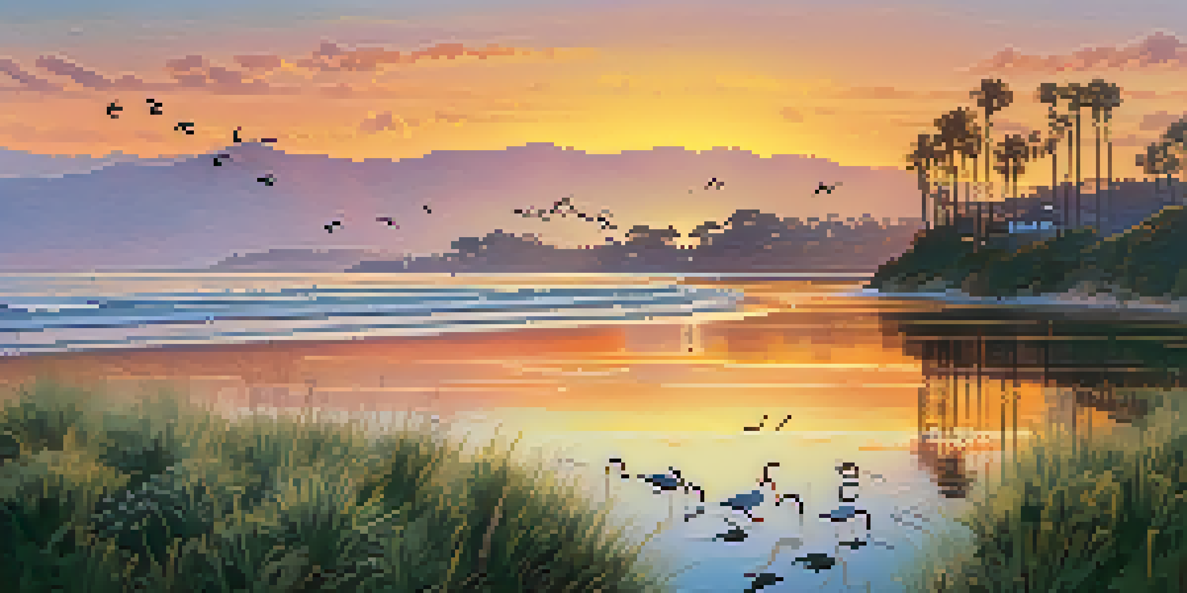 A coastal landscape of Santa Barbara during sunset, highlighting wetlands and the ocean with golden reflections.