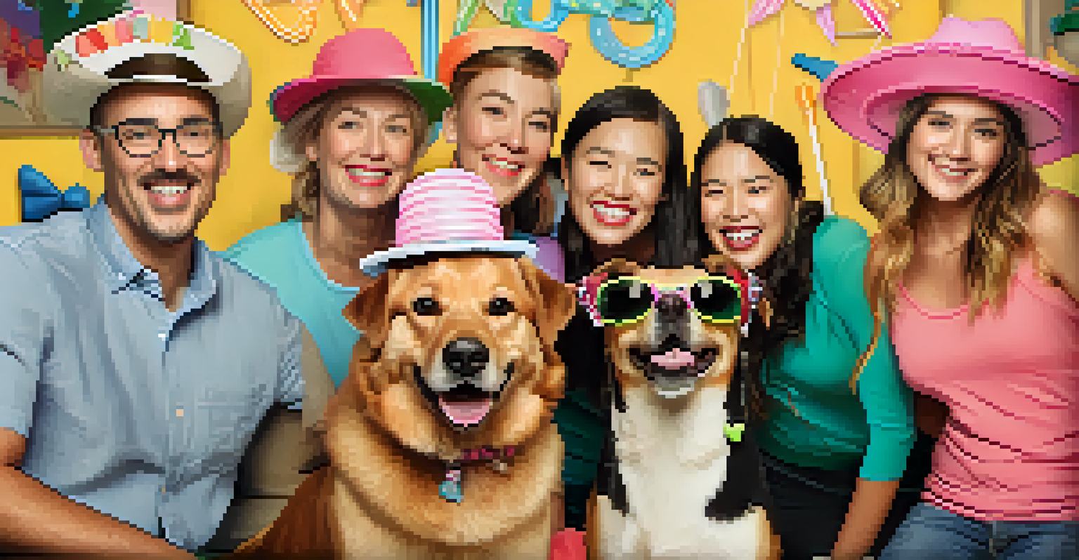 A family taking a photo with their dog at a pet adoption event photo booth with fun props and bright backdrops.