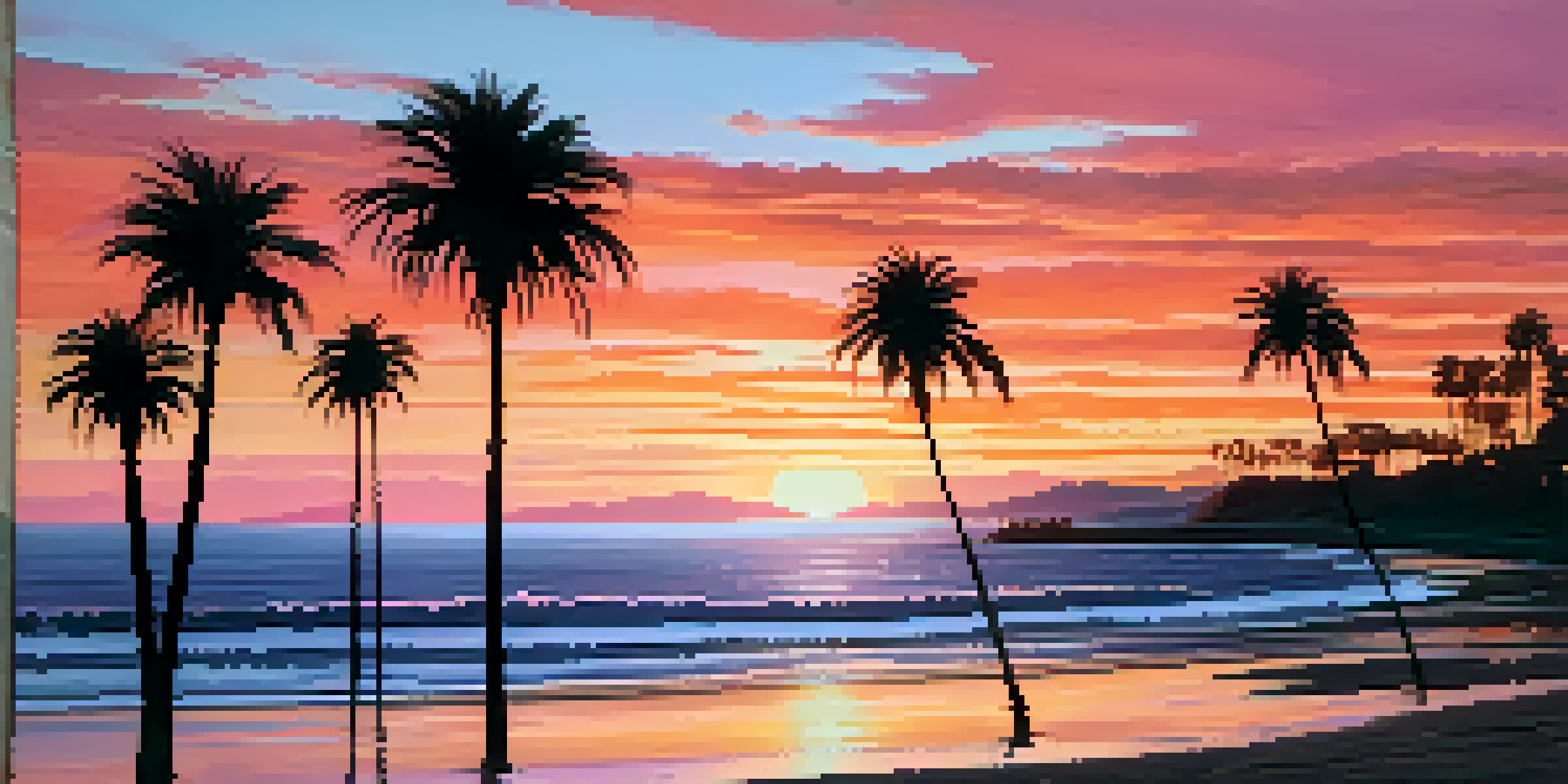 A stunning sunset over the ocean with palm trees in the foreground and colorful skies.