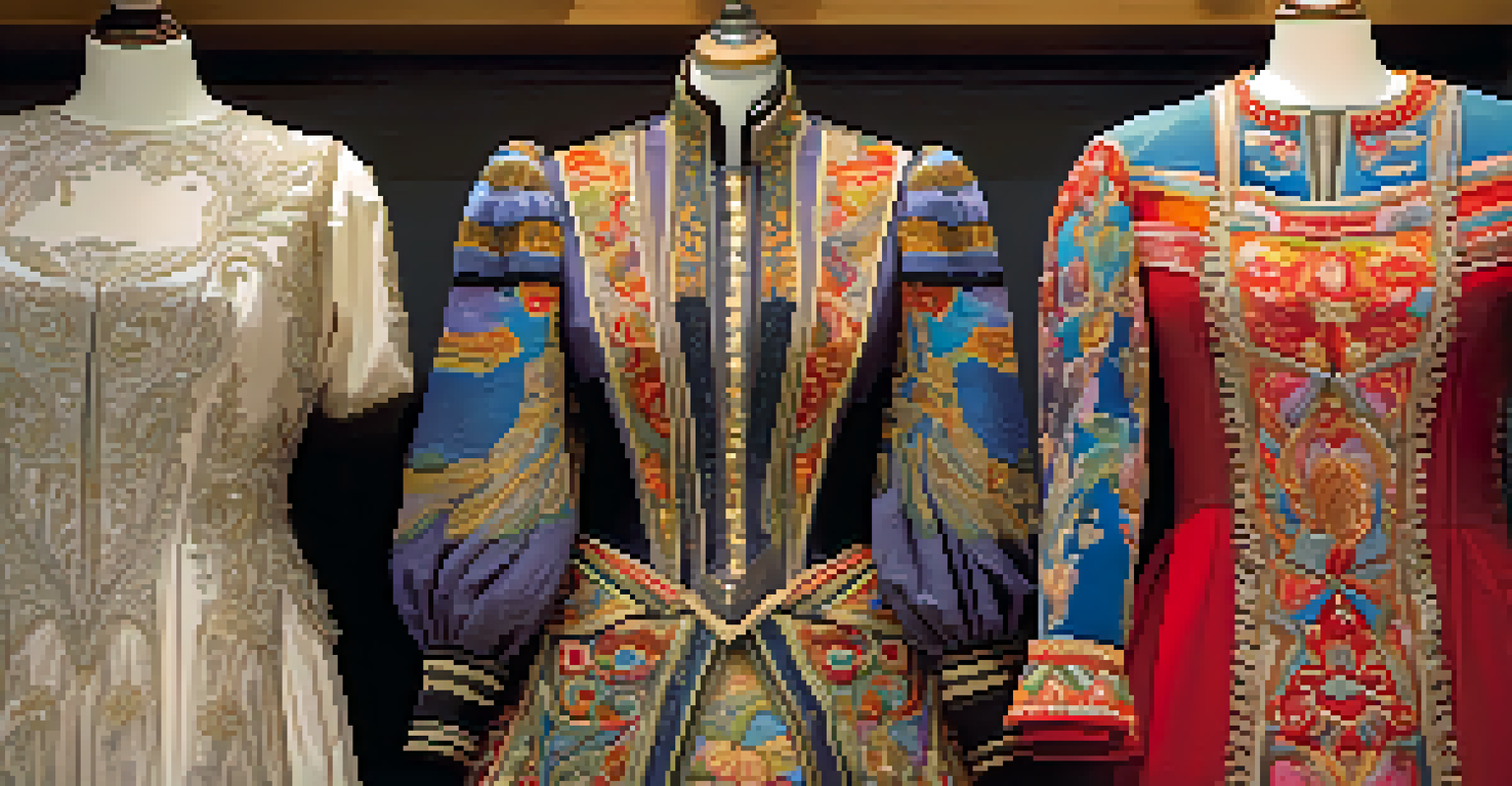 A close-up of an intricately designed theater costume on a display rack, highlighting its embroidery and color patterns against a softly blurred background.