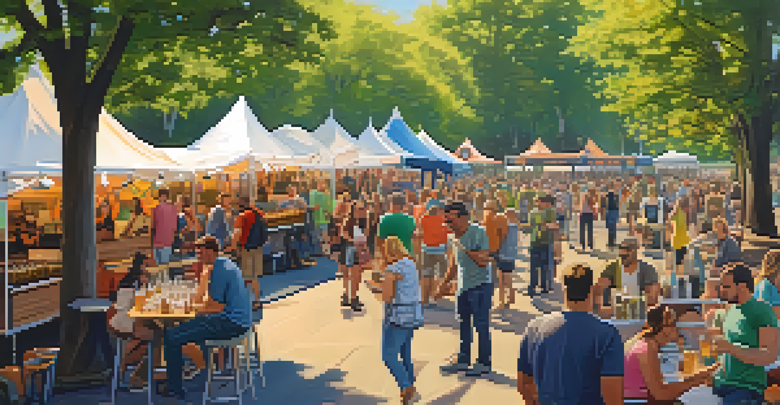 A vibrant outdoor craft beer festival with attendees sampling drinks and enjoying food trucks.
