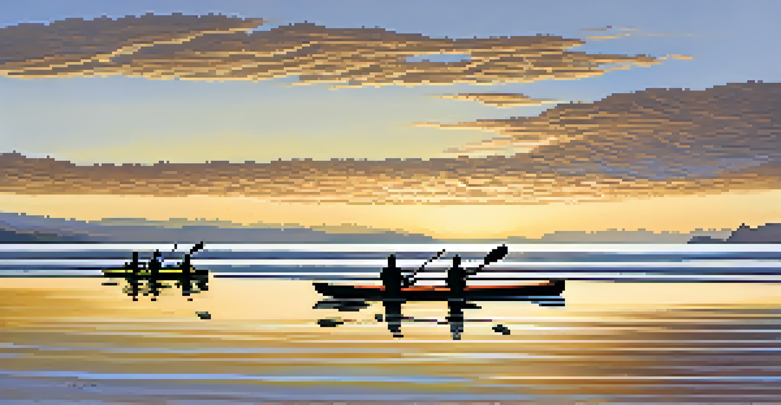 A diverse group of kayakers launching from a beach in Santa Barbara at sunrise, with calm waters and golden sunlight illuminating the scene.