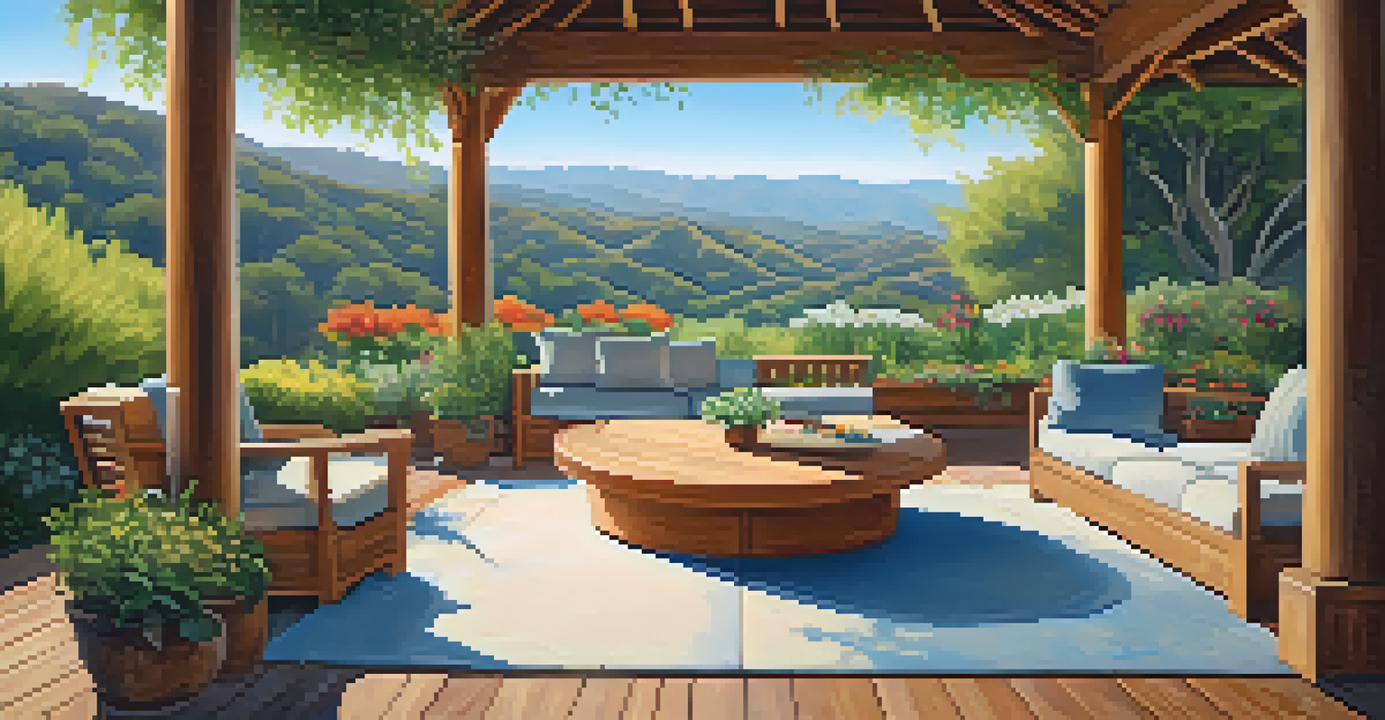 A cozy outdoor meditation space with cushions and flowers, set against the hills of Santa Barbara, promoting mindfulness.