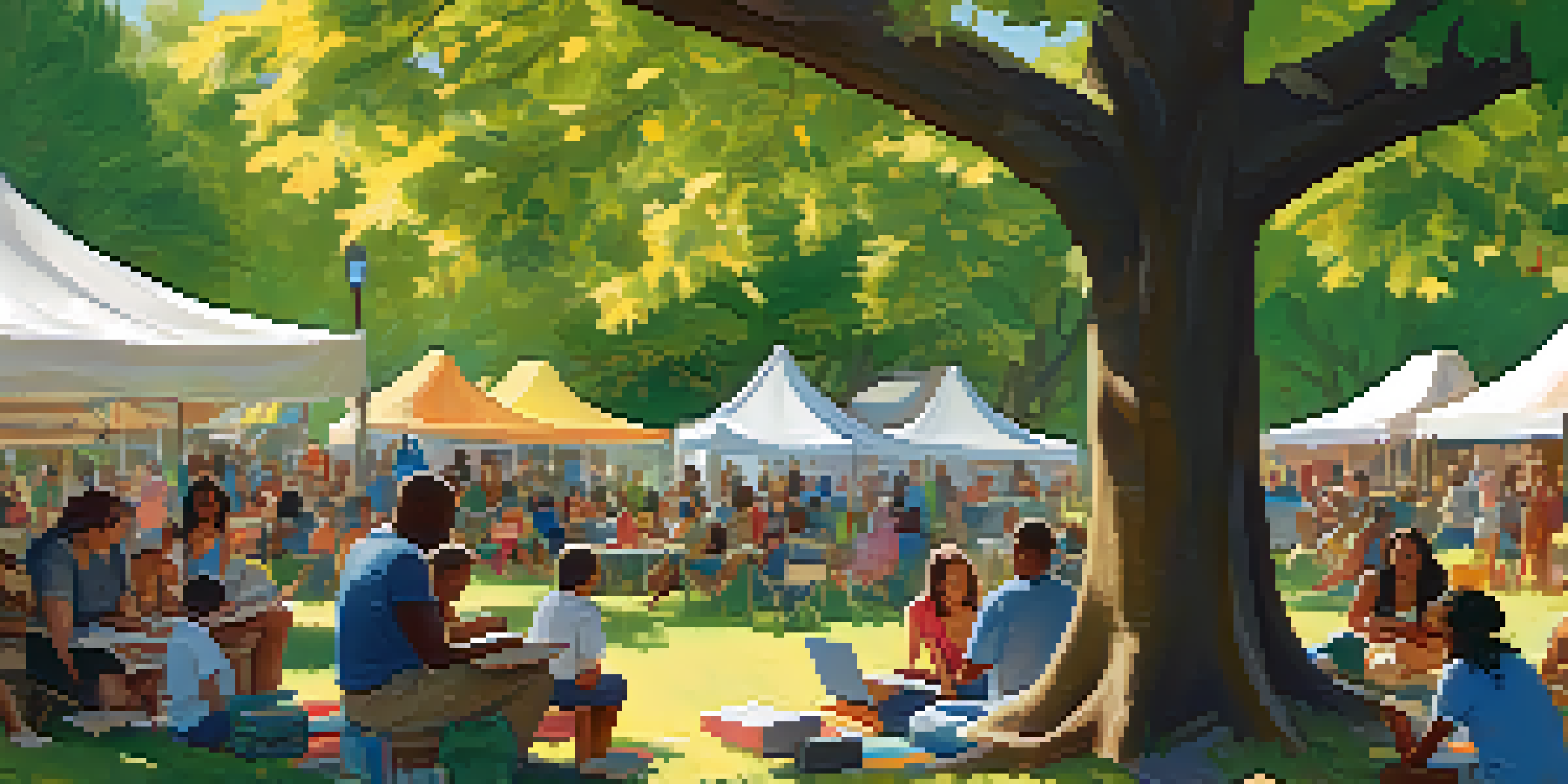 A lively outdoor book festival featuring colorful tents, diverse attendees engaged in discussions, children listening to a storyteller under a tree, and books on display.