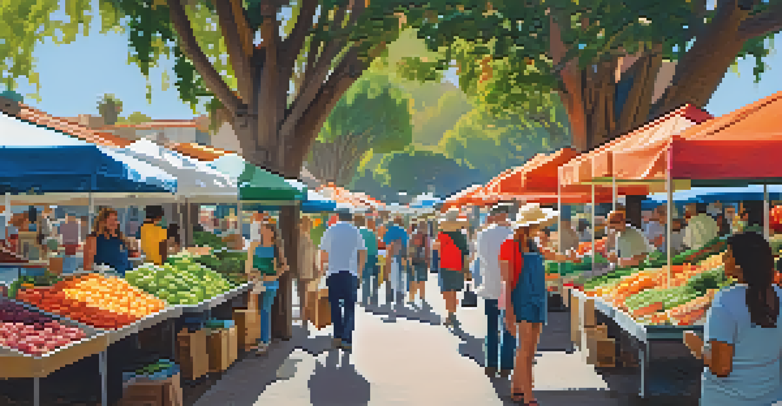 A bustling farmers' market in Santa Barbara, showcasing a variety of fresh produce and diverse food stalls with shoppers enjoying the atmosphere.