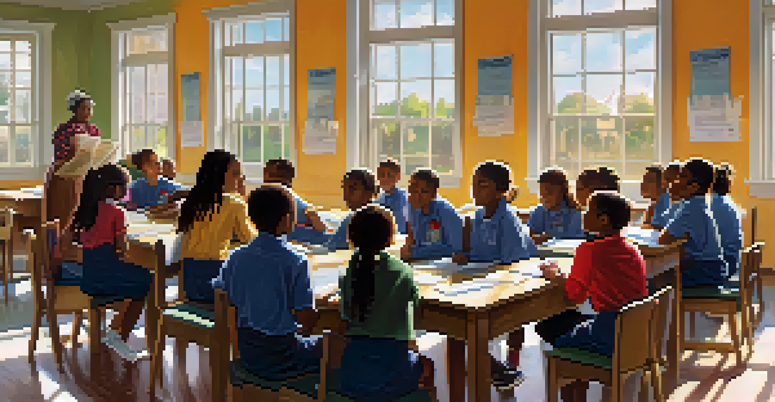 Students engaged in a workshop about civic rights and responsibilities in a bright classroom, with posters on the walls and a teacher leading the discussion.