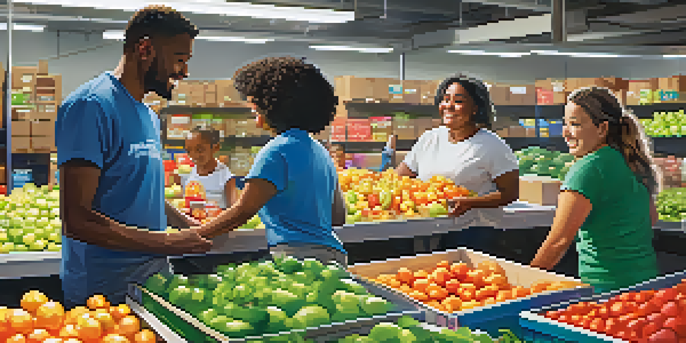 Volunteers at a community food bank sorting and packaging food, showcasing diversity and teamwork.
