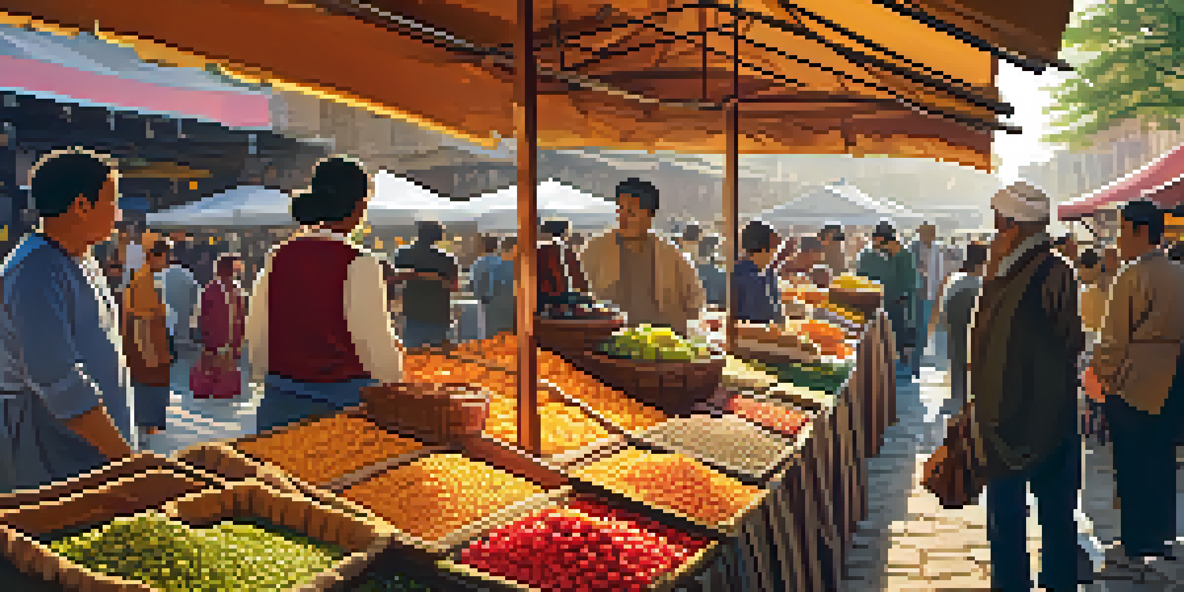 A lively seasonal market with colorful stalls displaying handcrafted goods and people engaging with artisans, illuminated by warm sunset light.