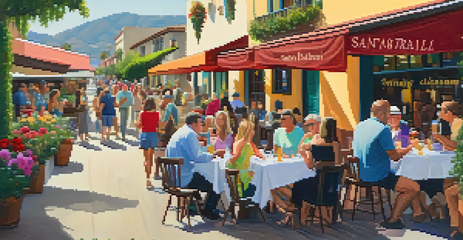 A bustling urban wine trail scene with people tasting wine, surrounded by shops and vibrant decorations.
