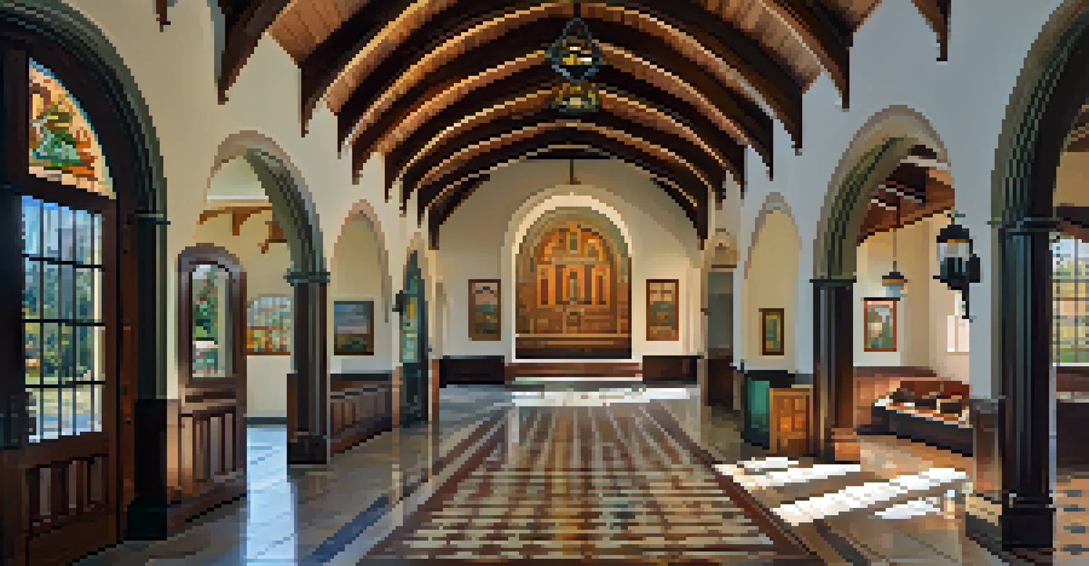 An interior view of the Santa Barbara Courthouse, showcasing the grand entryway with hand-painted tiles and murals, illuminated by natural light.