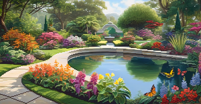 A colorful botanical garden filled with various flowers and greenery, with a pathway and a pond under sunny skies.
