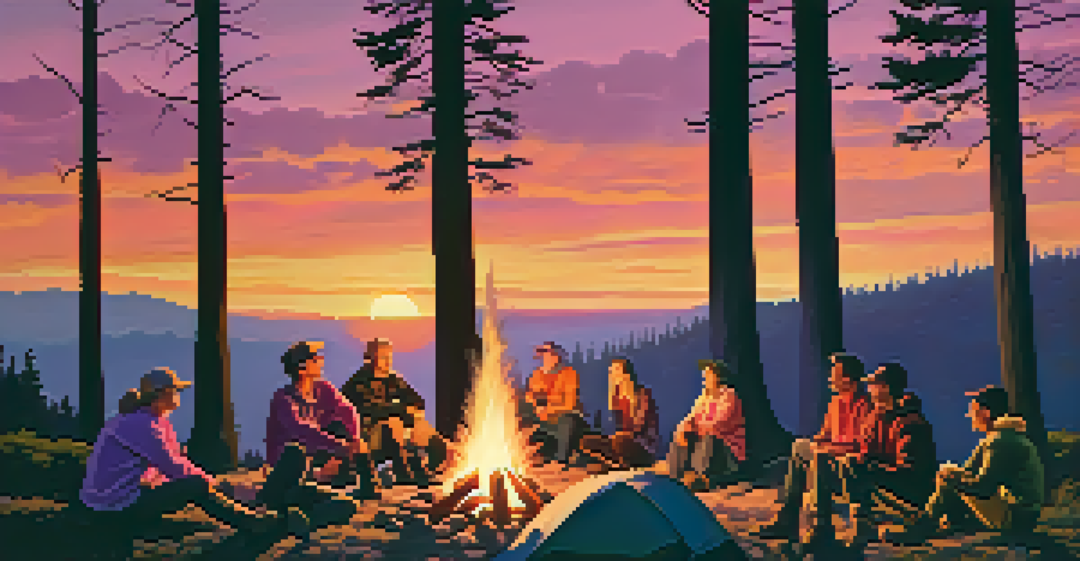 A group of hikers sitting around a campfire at sunset, enjoying each other's company in a picturesque outdoor setting.
