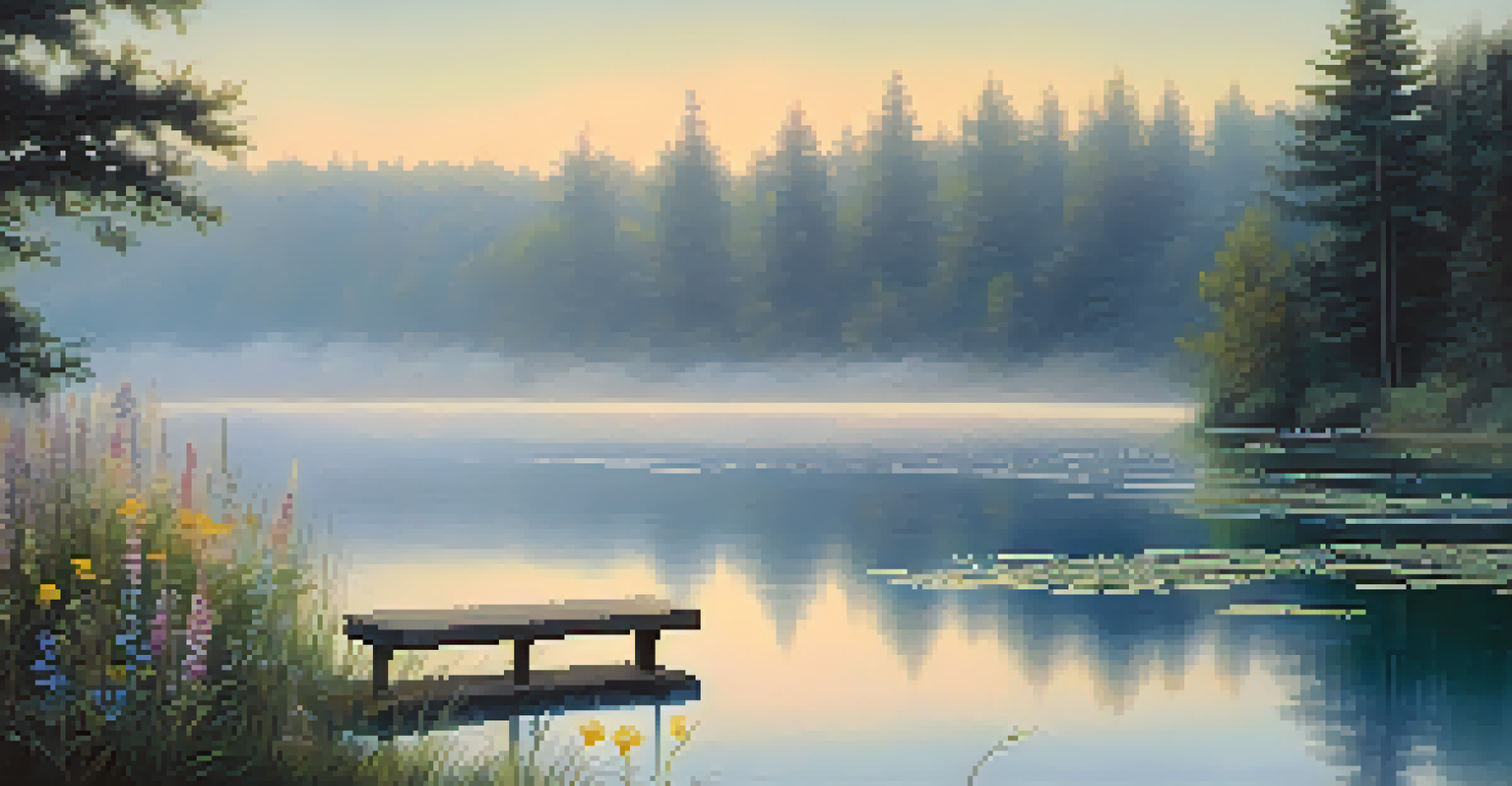 A peaceful lakeside scene at dawn with mist, a wooden bench, and colorful sky.