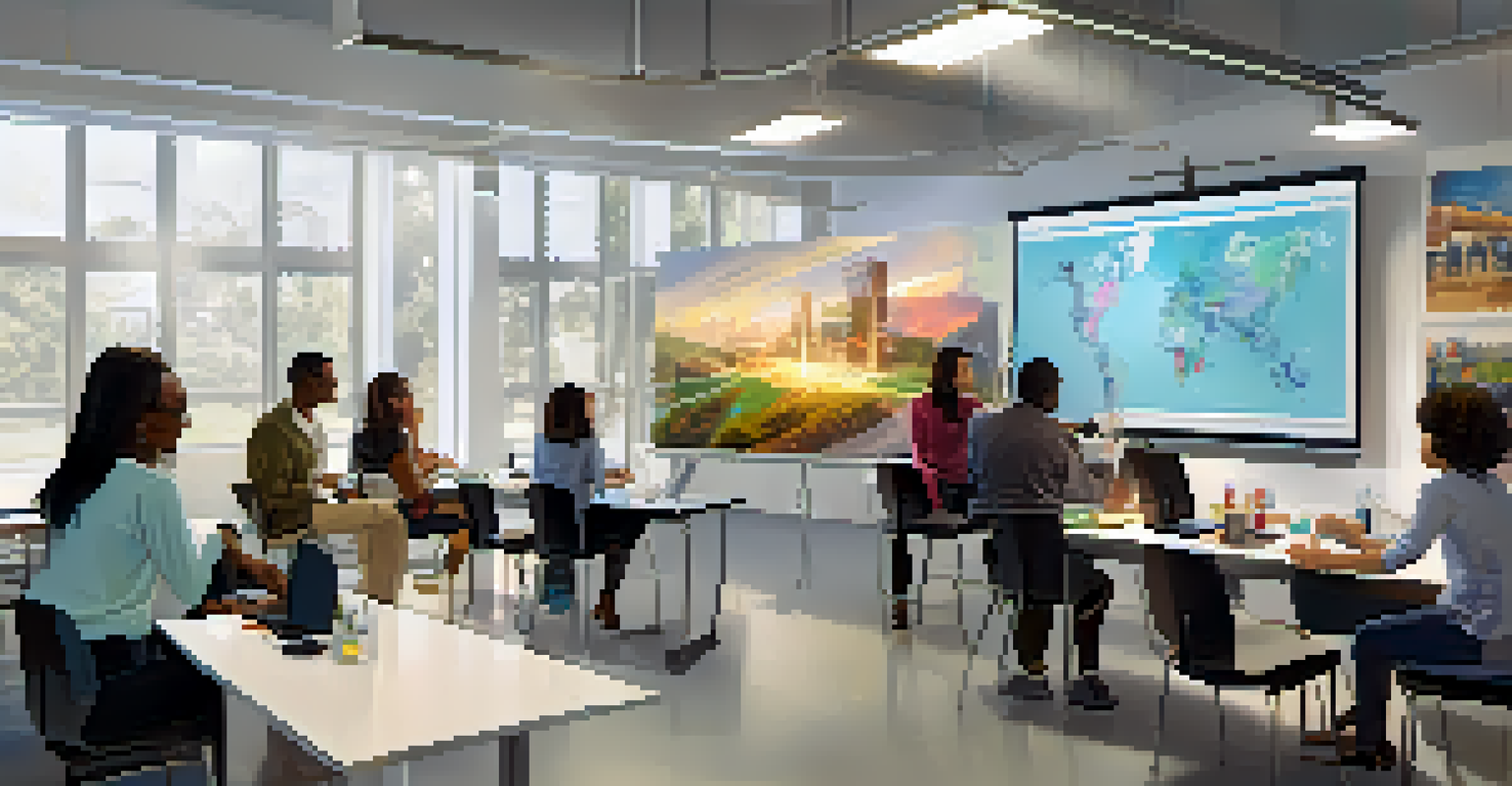 A group of individuals engaged in a career training session in a modern classroom, featuring interactive technology and collaborative activities.
