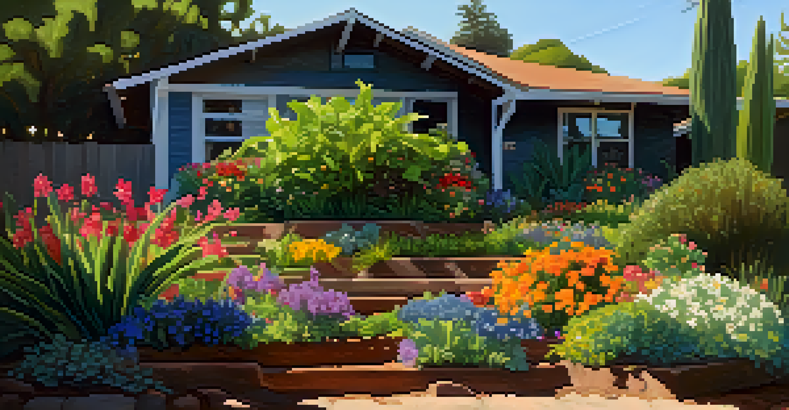 A sunny garden in Santa Barbara featuring a compost pile amidst blooming flowers and greenery.
