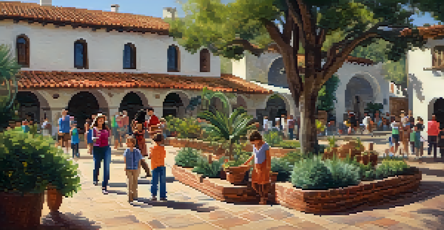Families engaging in interactive exhibits outside the Santa Barbara Historical Museum, surrounded by historical artifacts and beautiful architecture.