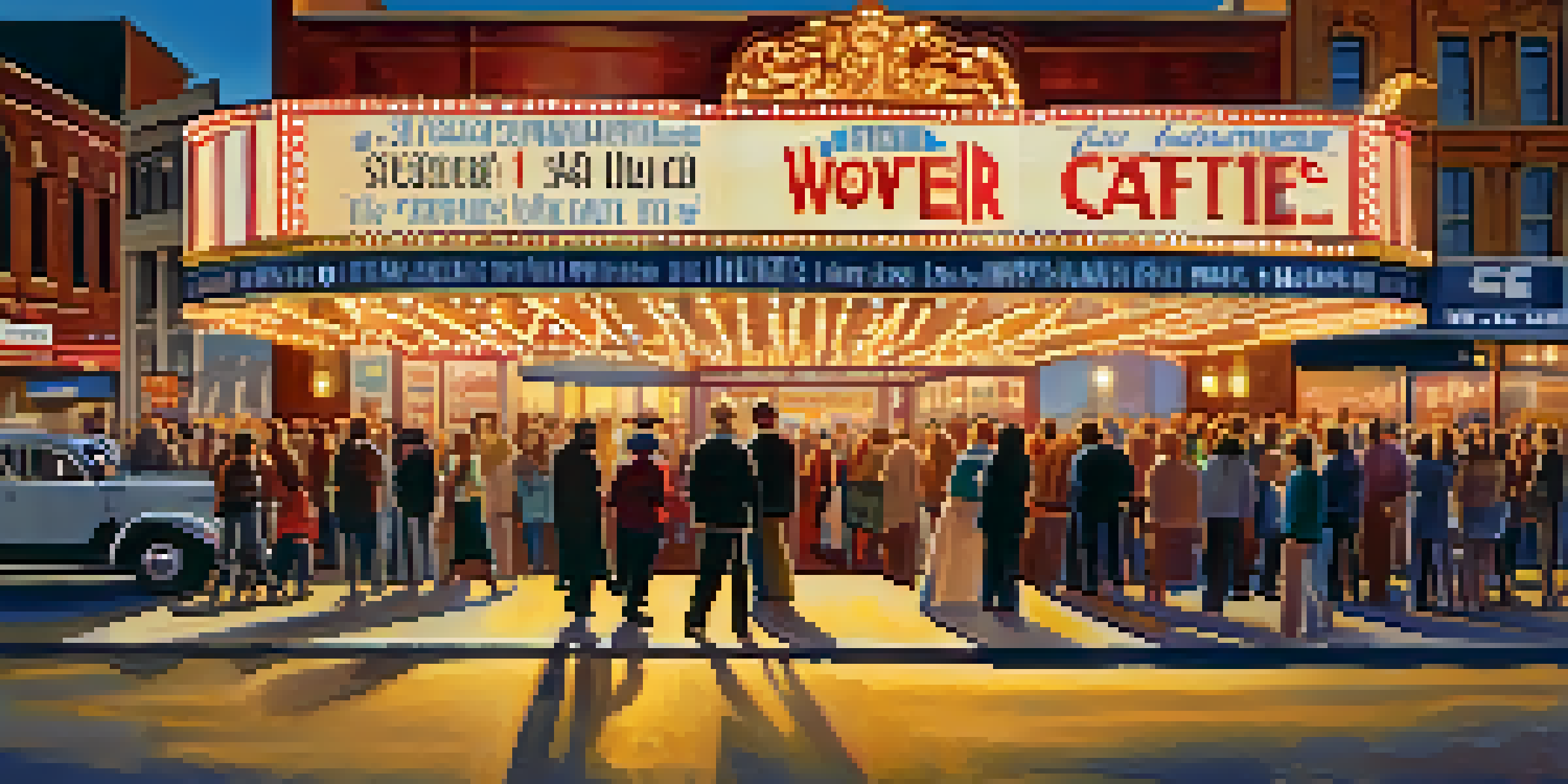 A local theater with a glowing marquee at sunset and a crowd of people entering, surrounded by cafes and shops.