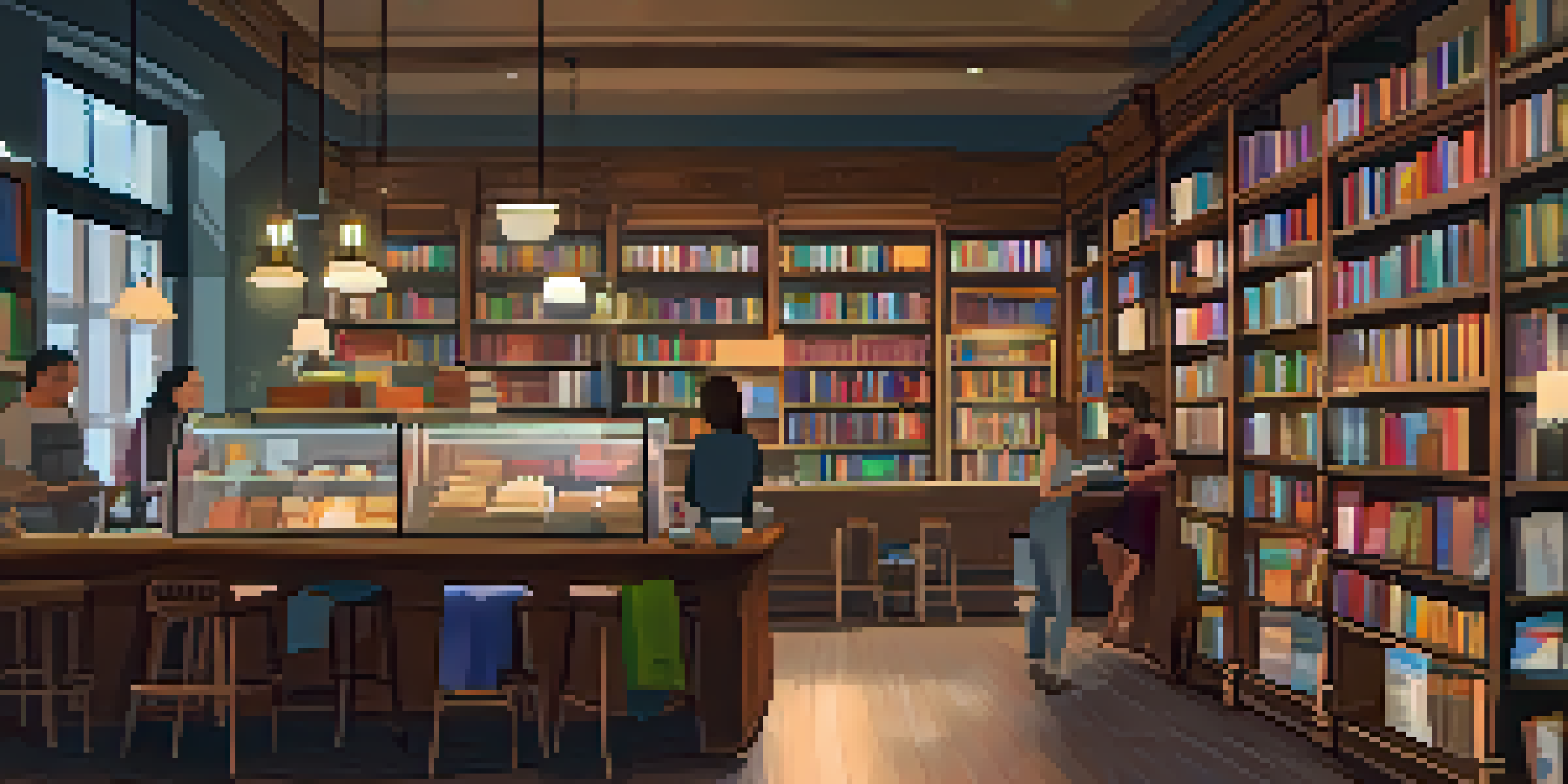 A cozy interior of an independent bookstore with wooden shelves filled with books, soft lighting, and reading nooks.