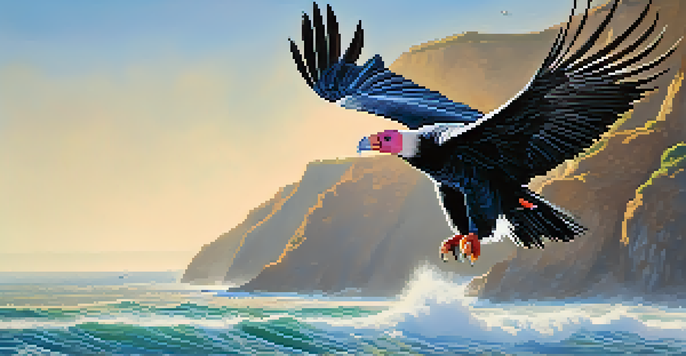 A California Condor flying high with its large wings spread wide over a coastal landscape.