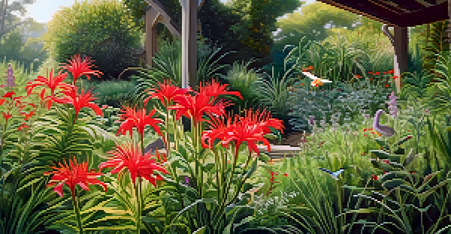 A well-designed garden bed with native plants like California fuchsia and coastal sage scrub, with a bird perched nearby under dappled sunlight.