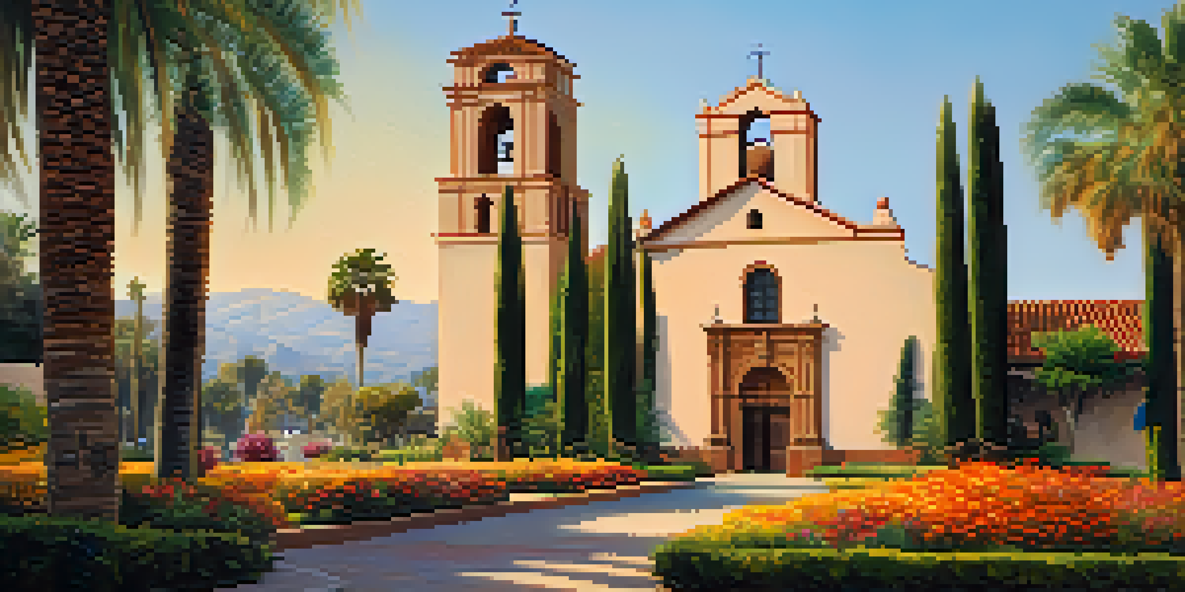 A beautiful view of Mission Santa Barbara featuring its iconic bell towers and vibrant gardens in golden hour sunlight.