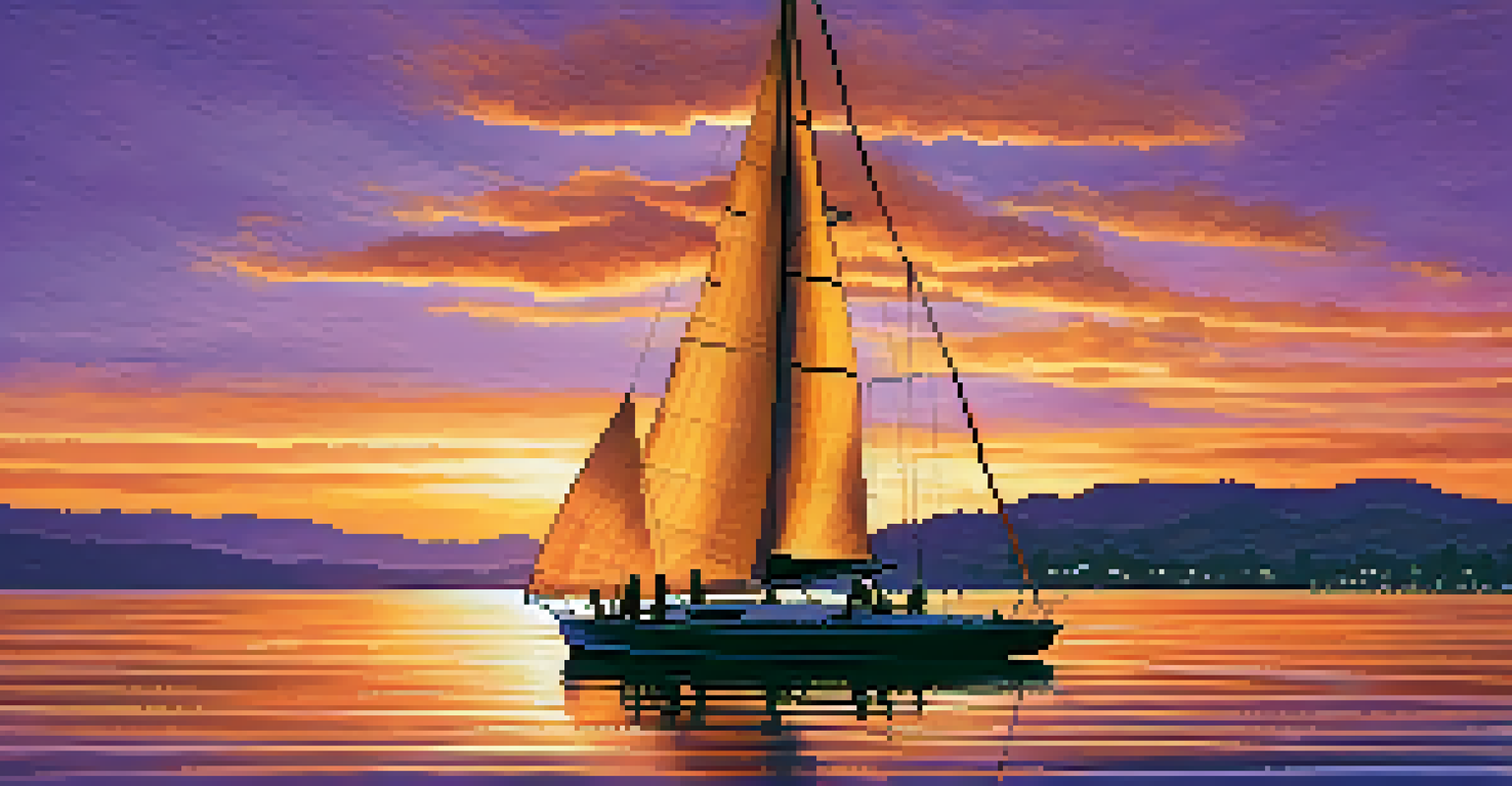 A group of friends on a sailboat at sunset in Santa Barbara, with a beautiful orange and purple sky reflecting on the water.