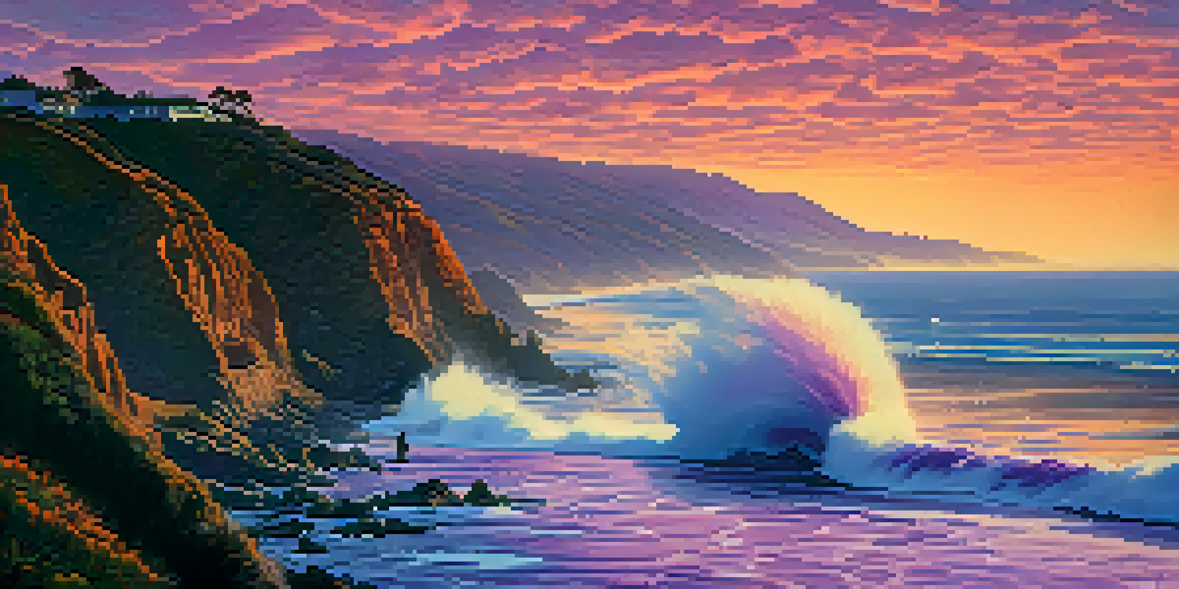 A scenic view of the Pacific Coast Highway at sunset, with cliffs and ocean waves, featuring a surfer in the foreground.
