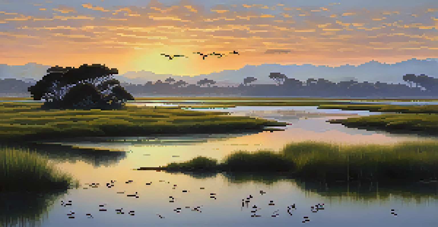 A picturesque sunset at Carpinteria Salt Marsh, with birds flying and reflections on the water.