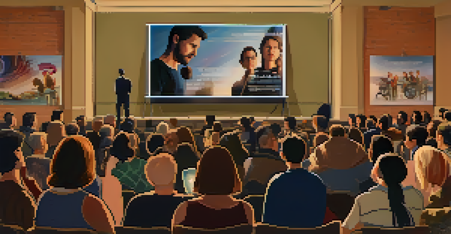 A local filmmaker discussing their work with an engaged audience after a film screening, showcasing expressions of curiosity and admiration.