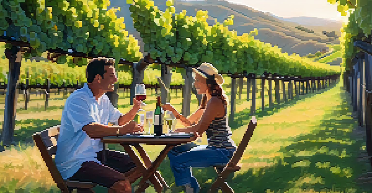 A couple wine tasting at a vineyard with a dog resting beside them, surrounded by grapevines.