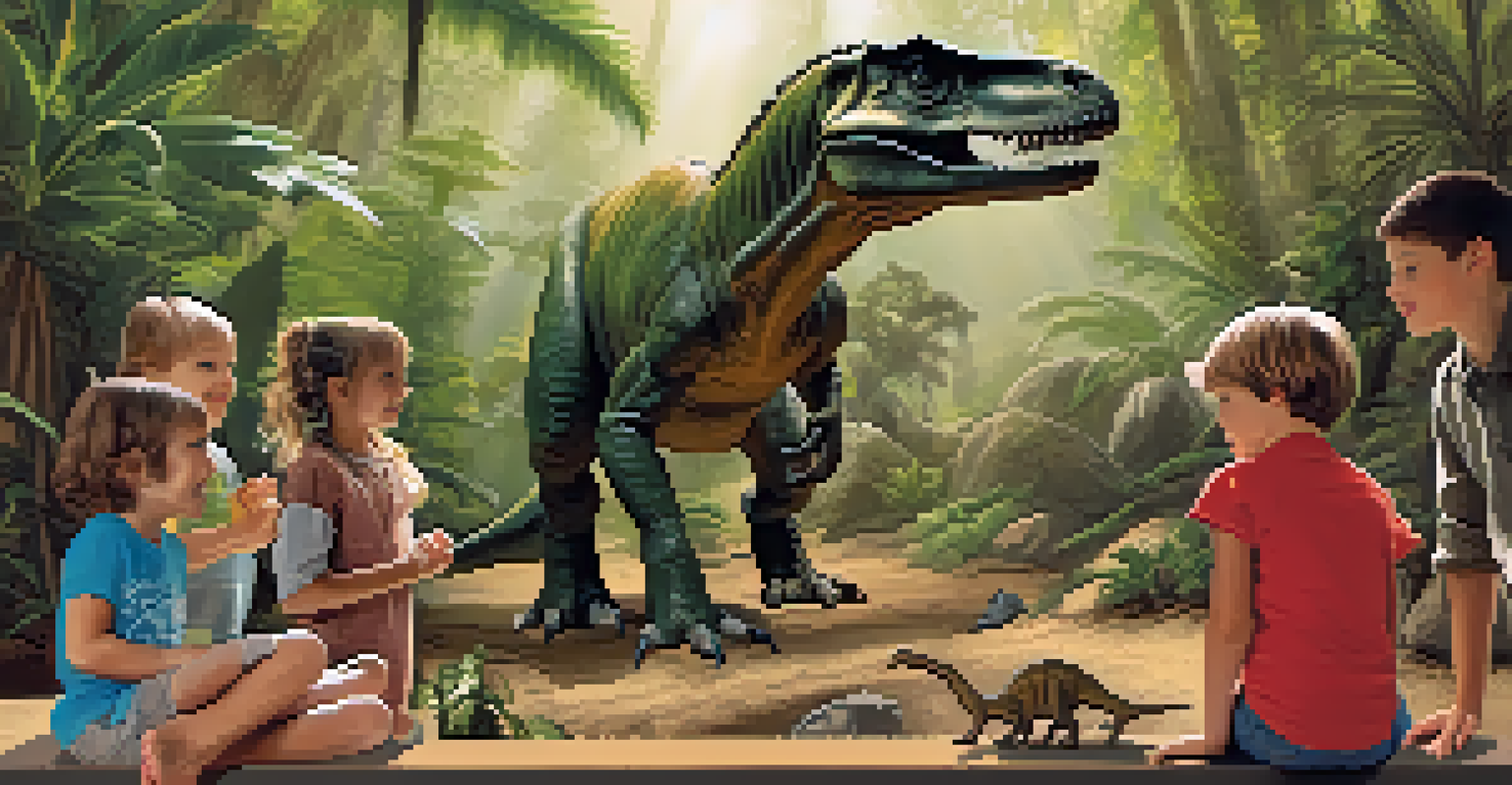 Children interacting with a dinosaur exhibit at the Santa Barbara Museum of Natural History, with engaging displays and warm lighting.