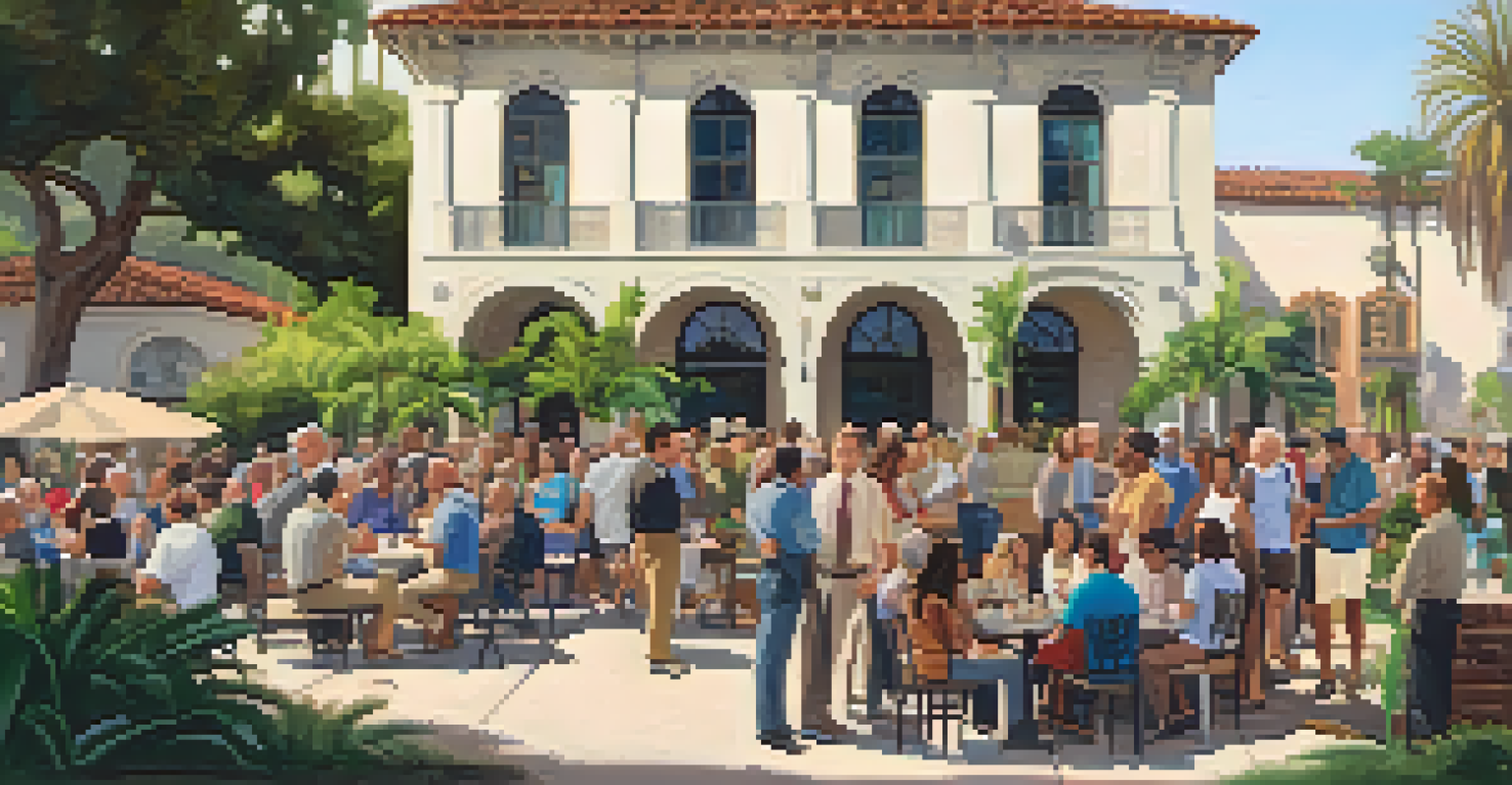 A community gathering in front of a historical landmark in Santa Barbara, with people engaged in discussions about preservation.