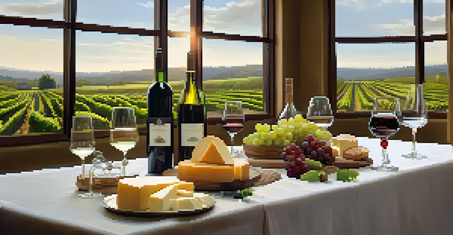 A beautifully arranged wine tasting table with glasses, cheese, and fruits, surrounded by a vineyard view.